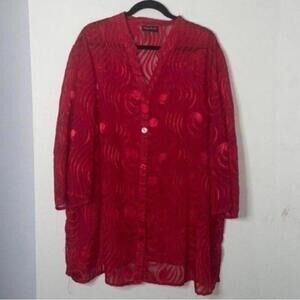 Vintage Red See Through Button Up Retro Printed Shirt Blouse Overlay